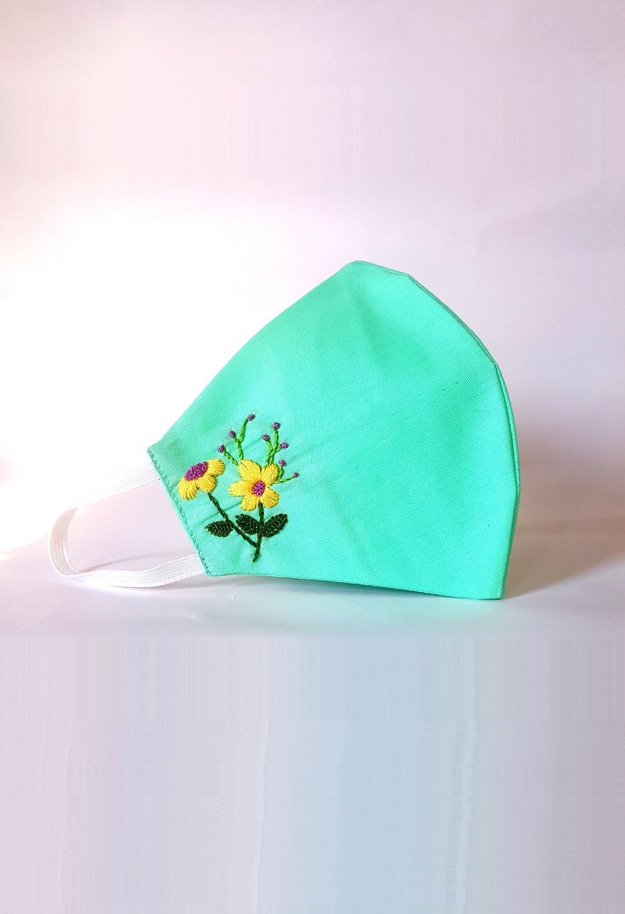 Green Three Layered Embroidered Cotton Facemask 